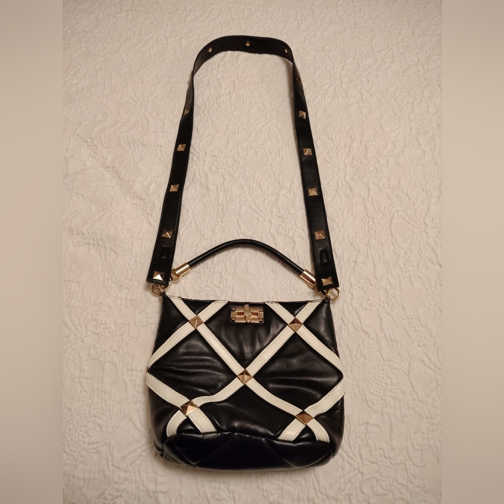 Black & White Cross-Strap Leather Shoulder Bag with Gold Accents